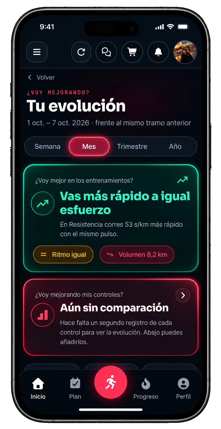 La pantalla de evolución de IgnitRun en un teléfono